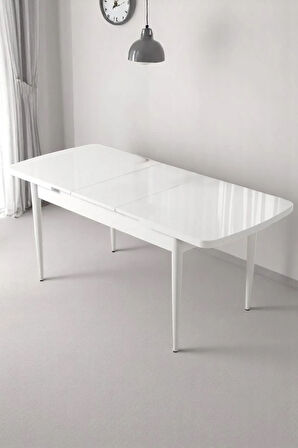 Florn Beyaz 80 x 132 Açılabilen MDF Masa Metal Ayaklı Mutfak Masası Takımı 4 Lacivert Sandalye