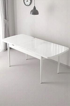 Monera Beyaz 80 x 132 Açılabilen MDF Masa Metal Ayaklı Mutfak Masası Takımı 4 Cappucino Sandalye