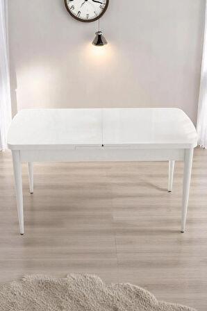 Monera Beyaz 80 x 132 Açılabilen MDF Masa Metal Ayaklı Mutfak Masası Takımı 4 Gri Sandalye
