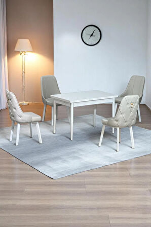 Still Beyaz MDF 70x110 Sabit Mutfak Masası Takımı Beyaz Metal Ayak 4 Krem Sandalye