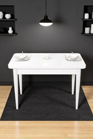 Still Beyaz MDF 70x110 Sabit Mutfak Masası Takımı Beyaz Metal Ayak 4 Lacivert Sandalye