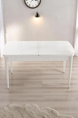 Sera Beyaz 80 x 132 Açılabilen MDF Masa Beyaz Metal Ayaklı Mutfak Masası 6 Füme Kot Desen Sandalye