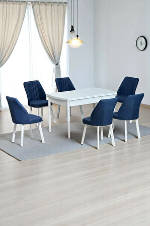 Sera Beyaz 80 x 132 Açılabilen MDF Masa Beyaz Metal Ayaklı Mutfak Masası 6 Lacivert Sandalye