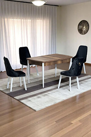 Monera Ceviz 80 x 132 Açılabilen MDF Masa Metal Ayaklı Mutfak Masası Takımı 4 Siyah Sandalye