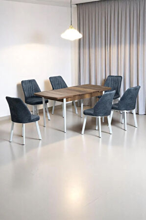 Sera Ceviz 80 x 132 Açılabilen MDF Masa Beyaz Metal Ayaklı Mutfak Masası 6 Kot Füme Sandalye