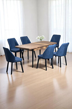 Luna Ceviz 80 x 132 Açılabilen MDF Masa Siyah Metal Ayaklı Mutfak Masası 6 Lacivert Sandalye