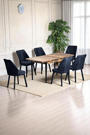 Luna Ceviz 80 x 132 Açılabilen MDF Masa Siyah Metal Ayaklı Mutfak Masası 6 Siyah Sandalye