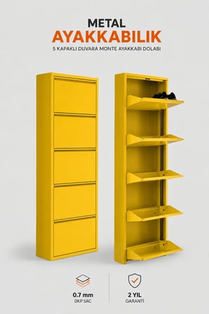 Metal Ayakkabılık Dolabı 5 Kapaklı Duvara Monte Ergonomik Tasarım 169x50x15 cm 0.7 mm DKP Sac Ve Montaj Vidaları