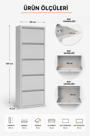 Metal Ayakkabılık Dolabı 5 Kapaklı Duvara Monte Ergonomik Tasarım 169x50x15 cm 0.7 mm DKP Sac Ve Montaj Vidaları