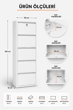 Kilitli Metal Ayakkabılık Dolabı 5 Kapaklı Duvara Monte Ergonomik Tasarım 169x50x15 cm 0.7 mm DKP Sac Ve Montaj Vidaları