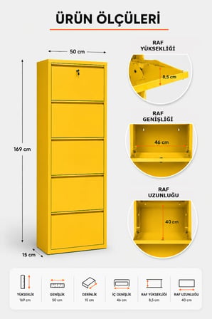Kilitli Metal Ayakkabılık Dolabı 5 Kapaklı Duvara Monte Ergonomik Tasarım 169x50x15 cm 0.7 mm DKP Sac Ve Montaj Vidaları