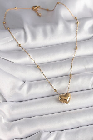 316L Çelik Gold Renk Topçuk Detaylı Zincir Kalp Model Kadın Kolye