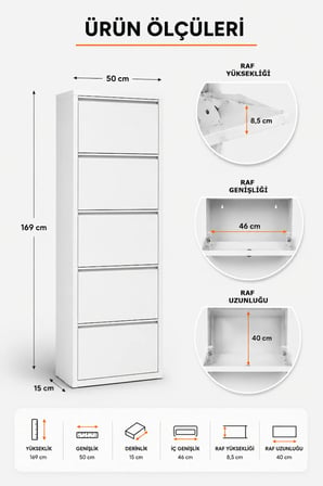 Metal Ayakkabılık Dolabı 5 Kapaklı Duvara Monte Ergonomik Tasarım 169x50x15 cm 0.7 mm DKP Sac Ve Montaj Vidaları
