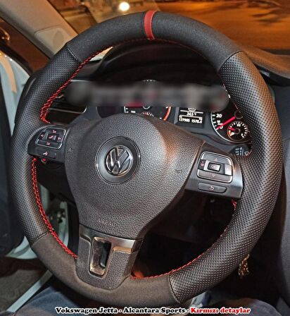 Volkswagen Caddy 2011- 2015 Araca Özel Dikmeli Direksiyon Kılıfı (Alcantra Nokta Kırmızı Yüzüklü)