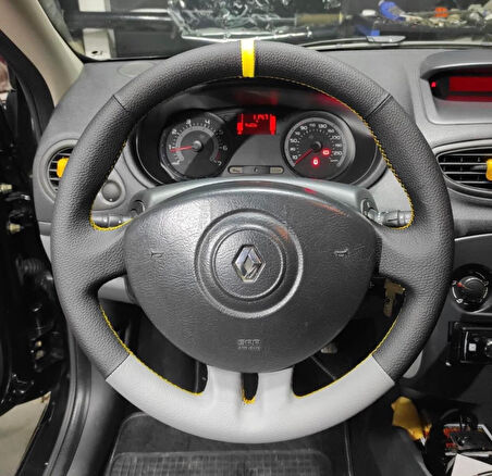 Renault Clio 3 Araca Özel Direksiyon Kılıfı (DÜZ GRİ SARI YÜZÜKLÜ)