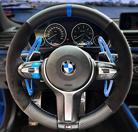 Bmw F30 Alcantra Karbon Mavi Yüzüklü Mavi Dikişli (Simit Kısmına Dikilir TAM KILIF DEĞİLDİR)