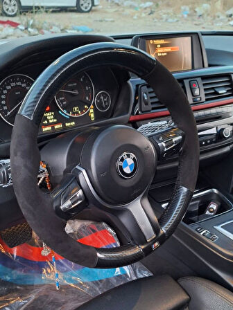 Bmw F30 Araca Özel Dikmeli Direksiyon Kılıfı (Tüylü Alcantra 5D Mikrofiber Carbon)