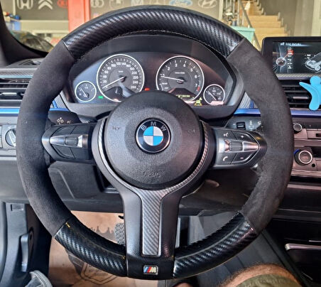 Bmw F30 Araca Özel Dikmeli Direksiyon Kılıfı (Tüylü Alcantra 5D Mikrofiber Carbon)