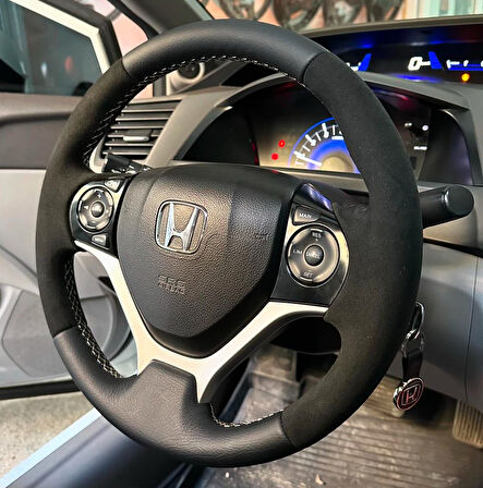 Honda Civic FB7 Araca Özel Direksiyon Kılıfı (ALCANTRA DAMARLI SİYAH İP)