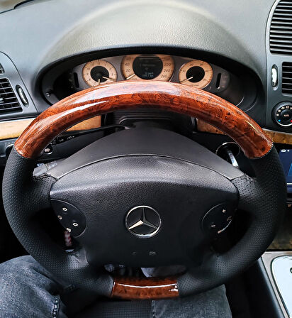 Mercedes W211 E220 Araca Özel Dikmeli Direksiyon Kılıfı (AHŞAP SOFT NOKTA DERİ)
