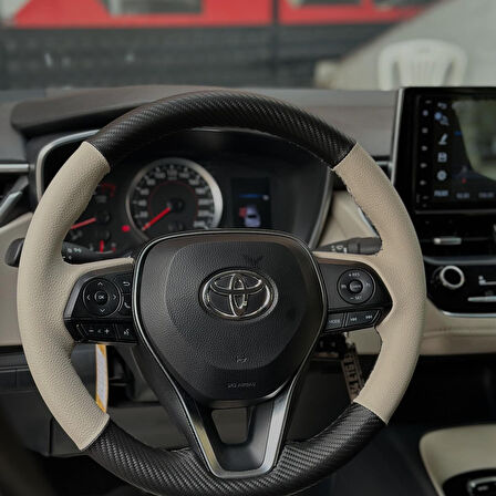 Toyota Corolla 2020-2024 Araca Özel Direksiyon Kılıfı (BEJ KARBON SİYAH İP)