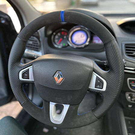 Fluence Araca Özel Direksiyon Kılıfı (Karbon Alcantra Mavi Yüzük)