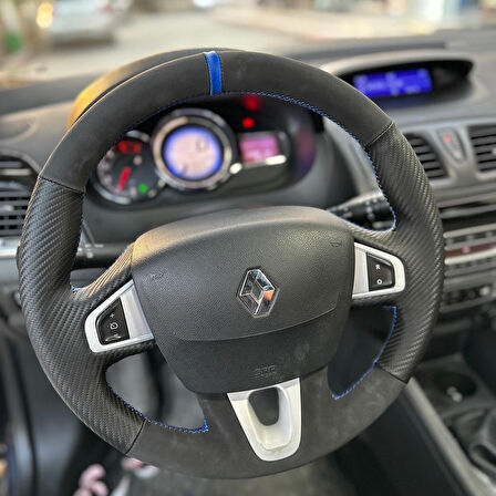 Fluence Araca Özel Direksiyon Kılıfı (Karbon Alcantra Mavi Yüzük)
