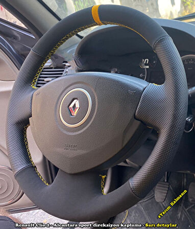 Clio 2 Araca Özel Direksiyon Kılıfı (Noktalı Nubuk SARI Yüzüklü)