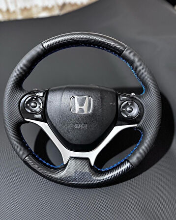 Honda Civic FB7 Araca Özel Direksiyon Kılıfı (Kristal Karbon Soft Nokta Mavi İpli)