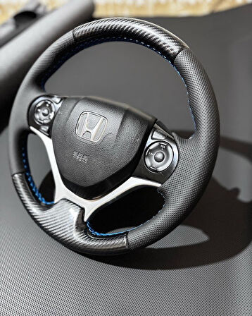 Honda Civic FB7 Araca Özel Direksiyon Kılıfı (Kristal Karbon Soft Nokta Mavi İpli)