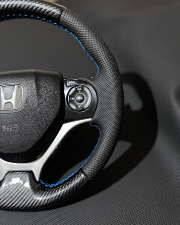Honda Civic FB7 Araca Özel Direksiyon Kılıfı (Kristal Karbon Soft Nokta Mavi İpli)