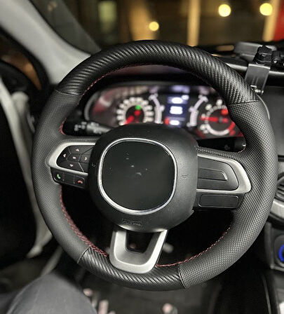 Fiat Egea Uyumlu Araca Özel Direksiyon Kılıfı (Nokta Karbon Kırmızı Dikiş)