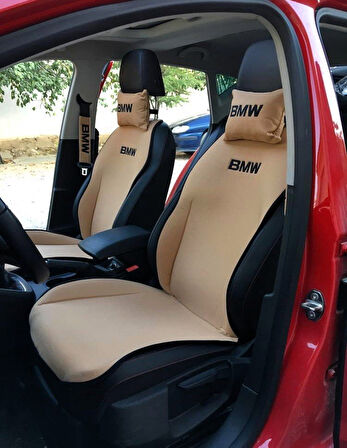 BMW Nakışlı Ön İkili Oto Koltuk Minderi 2 Adet Boyun Yastığı 2 Adet Kemer Pedi