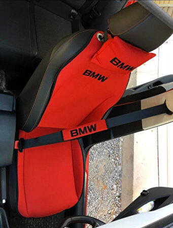 BMW KIRMIZI Nakışlı Ön İkili Oto Koltuk Minderi 2 Adet Boyun Yastığı 2 Adet Kemer Pedi