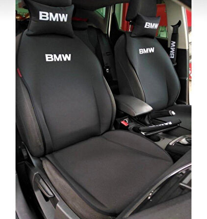 BWM Nakışlı Ön İkili Oto Koltuk Minderi 2 Adet Boyun Yastığı 2 Adet Kemer Pedi SİYAH