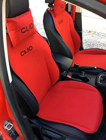 Renault Clio Nakışlı Ön İkili Oto Koltuk Minderi 2 Adet Boyun Yastığı 2 Adet Kemer Pedi KIRMIZI