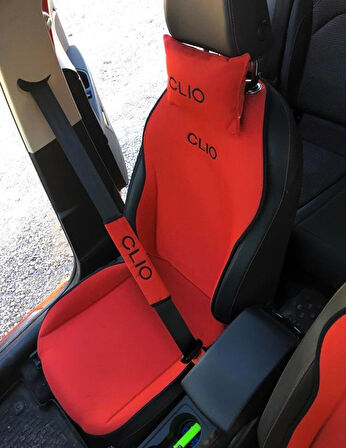 Renault Clio Nakışlı Ön İkili Oto Koltuk Minderi 2 Adet Boyun Yastığı 2 Adet Kemer Pedi KIRMIZI