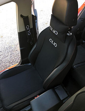 Renault Clio Nakışlı Ön İkili Oto Koltuk Minderi 2 Adet Boyun Yastığı 2 Adet Kemer Pedi SİYAH