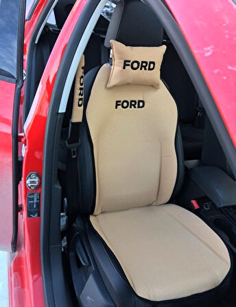 FORD Nakışlı Ön İkili Oto Koltuk Minderi 2 Adet Boyun Yastığı 2 Adet Kemer Pedi KREM