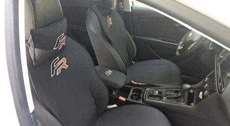 SEAT FR Nakışlı Ön İkili Oto Koltuk Minderi 2 Adet Boyun Yastığı 2 Adet Kemer Pedi SİYAH 