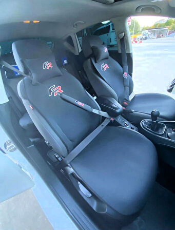SEAT FR Nakışlı Ön İkili Oto Koltuk Minderi 2 Adet Boyun Yastığı 2 Adet Kemer Pedi SİYAH 