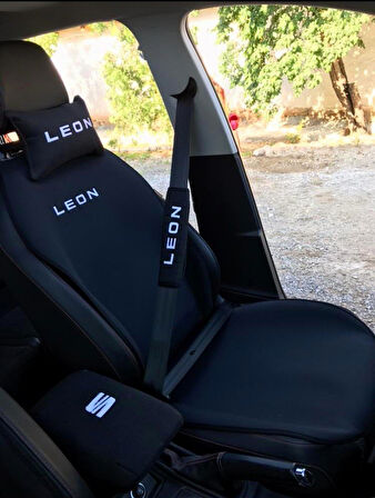 SEAT LEON Nakışlı Ön İkili Oto Koltuk Minderi 2 Adet Boyun Yastığı 2 Adet Kemer Pedi SİYAH
