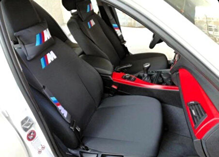 BMW M Nakışlı Ön İkili Oto Koltuk Minderi 2 Adet Boyun Yastığı 2 Adet Kemer Pedi 