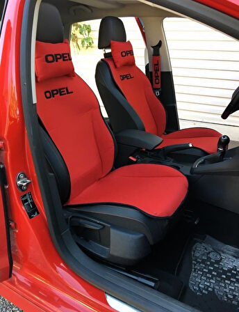 OPEL Nakışlı Ön İkili Oto Koltuk Minderi 2 Adet Boyun Yastığı 2 Adet Kemer Pedi KIRMIZI