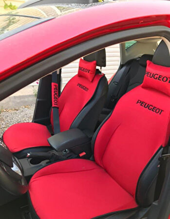 PEUGEOT Nakışlı Ön İkili Oto Koltuk Minderi 2 Adet Boyun Yastığı 2 Adet Kemer Pedi KIRMIZI
