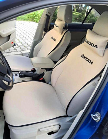 SKODA Nakışlı Ön İkili Oto Koltuk Minderi 2 Adet Boyun Yastığı 2 Adet Kemer Pedi KREM
