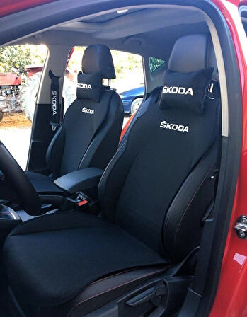 SKODA Nakışlı Ön İkili Oto Koltuk Minderi 2 Adet Boyun Yastığı 2 Adet Kemer Pedi SİYAH