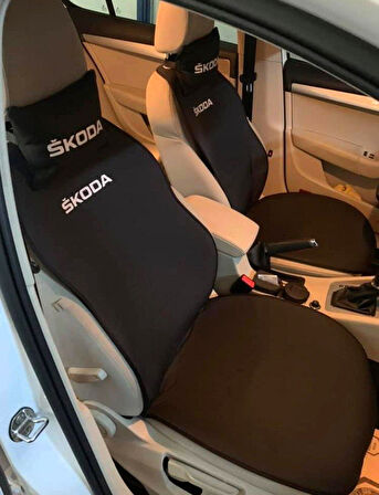 SKODA Nakışlı Ön İkili Oto Koltuk Minderi 2 Adet Boyun Yastığı 2 Adet Kemer Pedi SİYAH