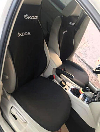 SKODA Nakışlı Ön İkili Oto Koltuk Minderi 2 Adet Boyun Yastığı 2 Adet Kemer Pedi SİYAH