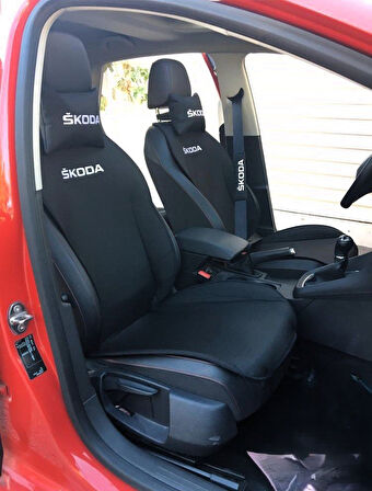SKODA Nakışlı Ön İkili Oto Koltuk Minderi 2 Adet Boyun Yastığı 2 Adet Kemer Pedi SİYAH